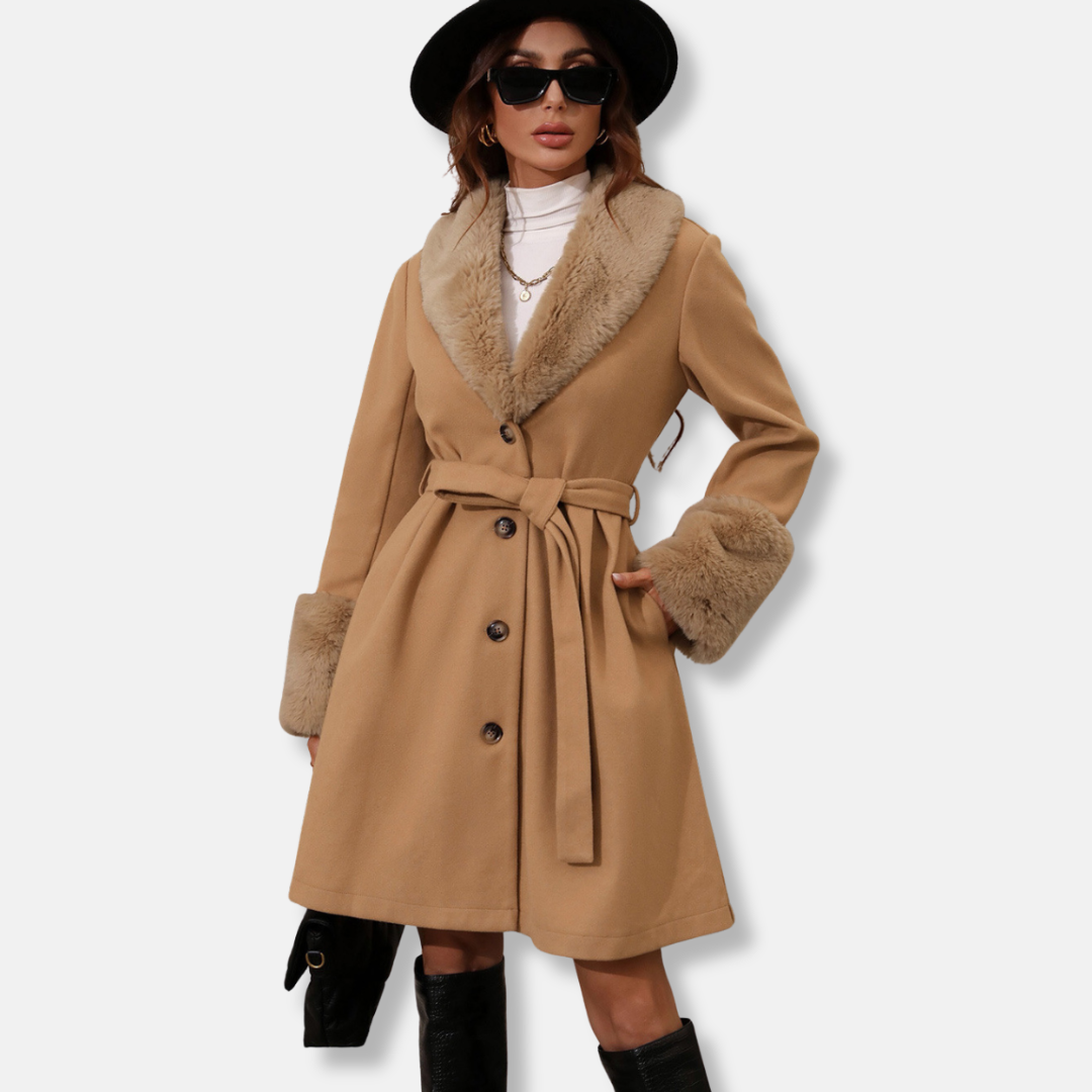 Women's trench coat – Tailored fit – Wool blend – Mid-length – With fur collar and cuffs