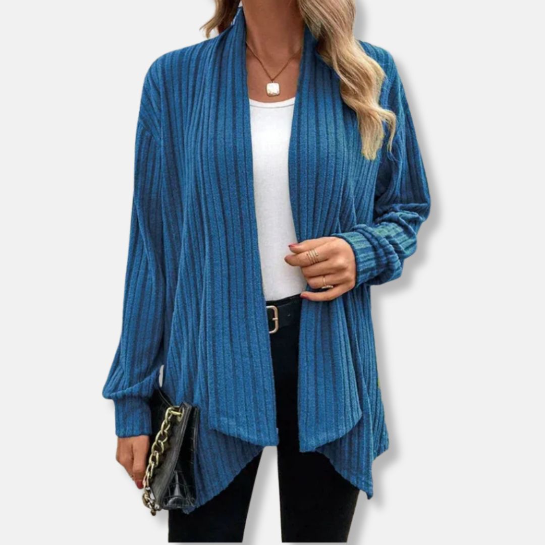 Women's Cardigan – Relaxed Fit – Ribbed – Open Waterfall Front – Asymmetrical Hem