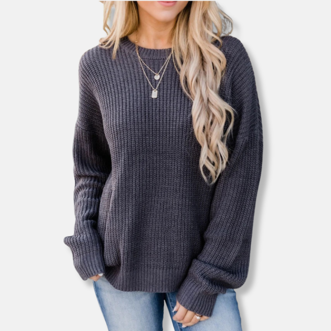 Women's Sweater – Knitted – Ribbed Texture – Relaxed Fit – Long Sleeves – Round Neck