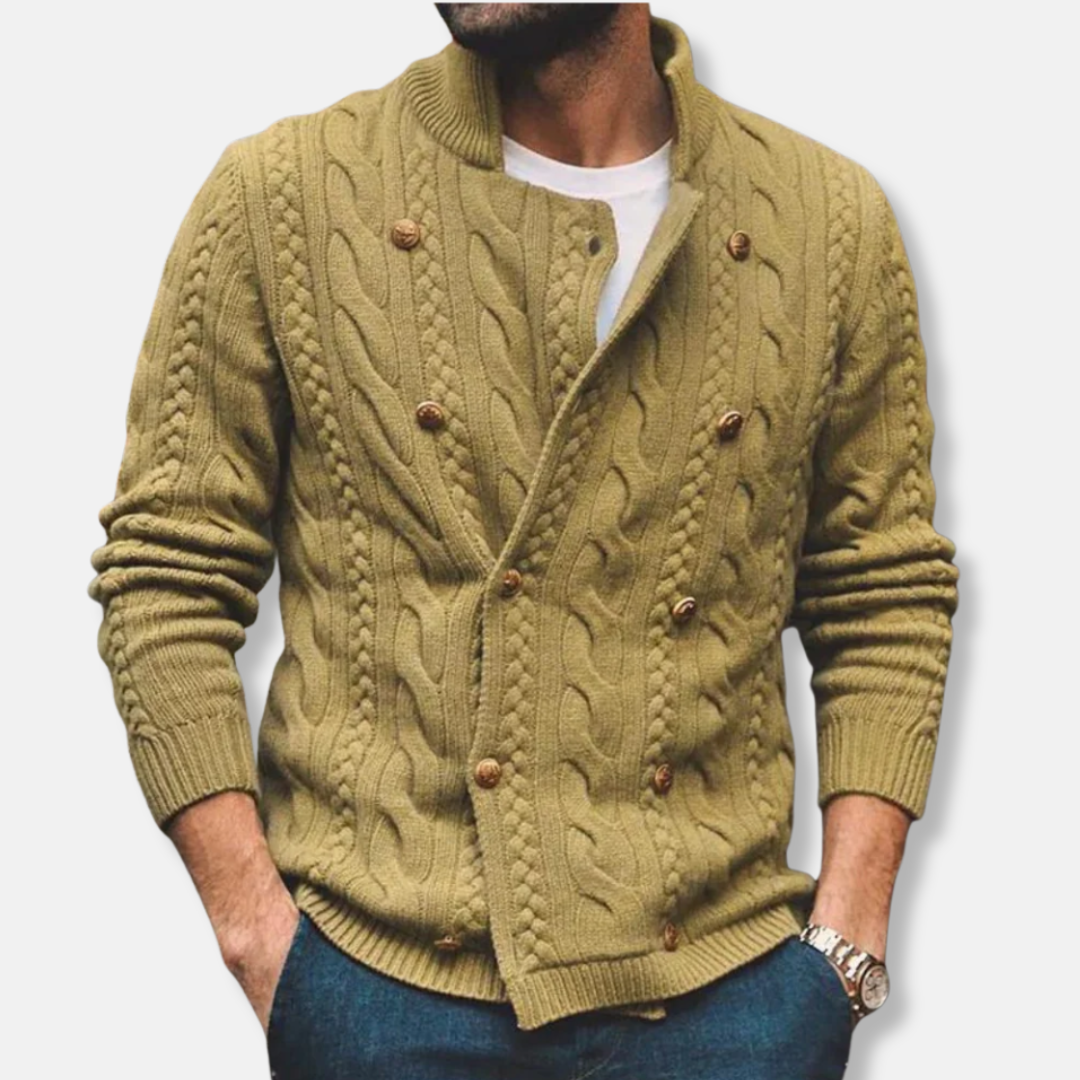 Men's Cardigan – Wool Knit – Cable Pattern – Double Row Button Closure – Ribbed Edges