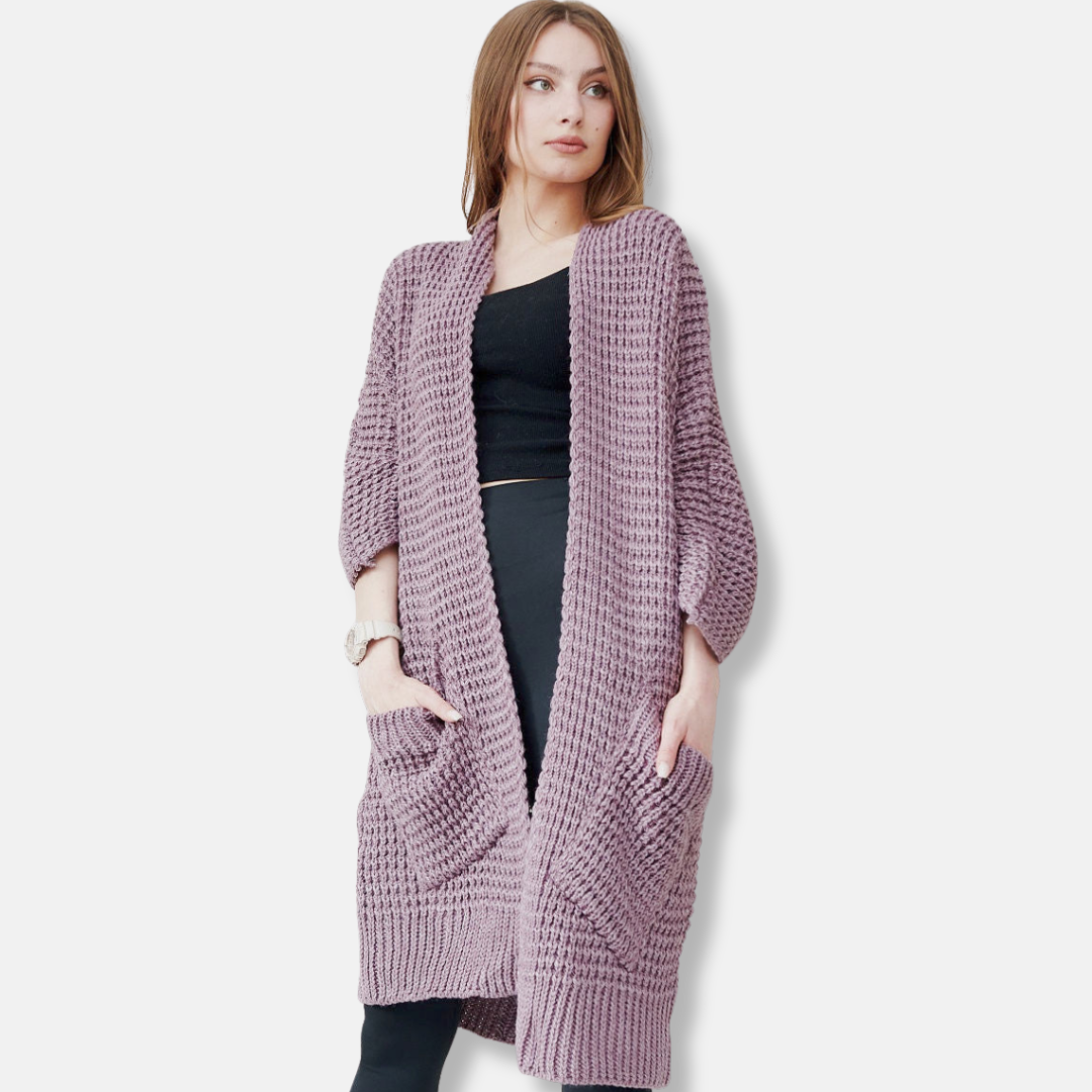 Women's Knitted Coat – Oversized Fit – Chunky Knit – Open Front – Patch Pockets