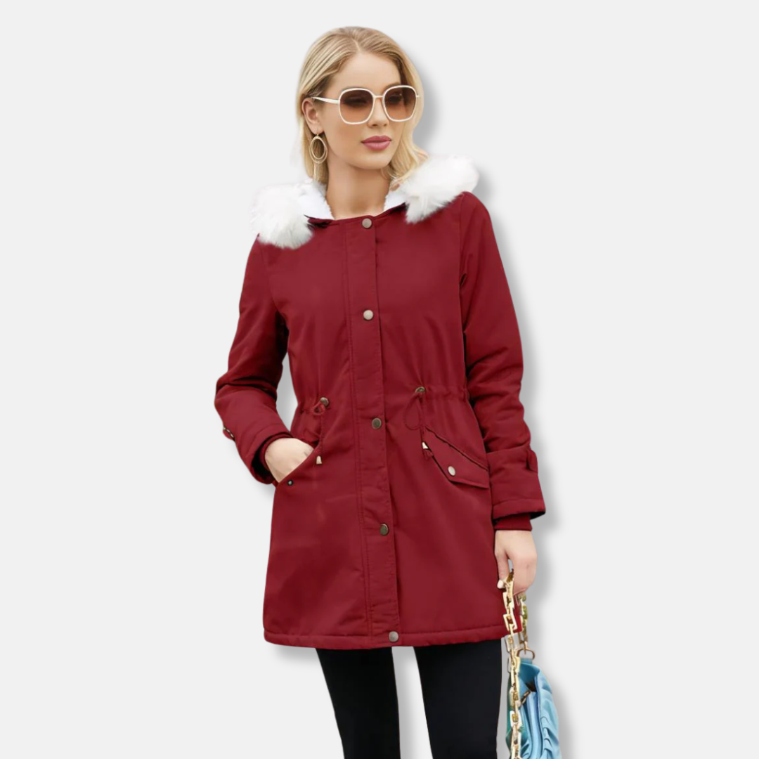 Ladies parka coat – Relaxed fit – Adjustable waist – Detachable faux-fur collar – Lined – Mid-length