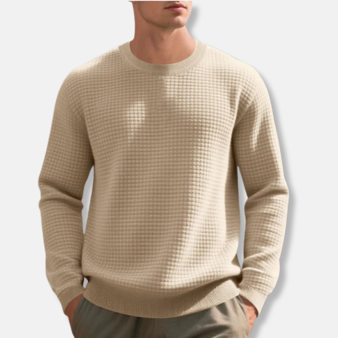 Men's Sweatshirt – Loose Fit – Waffle Texture – Round Neck – Ribbed Cuffs