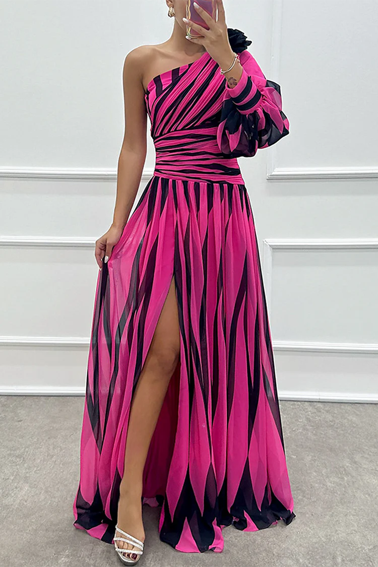 Chique Gestreepte One Shoulder Maxi Jurk