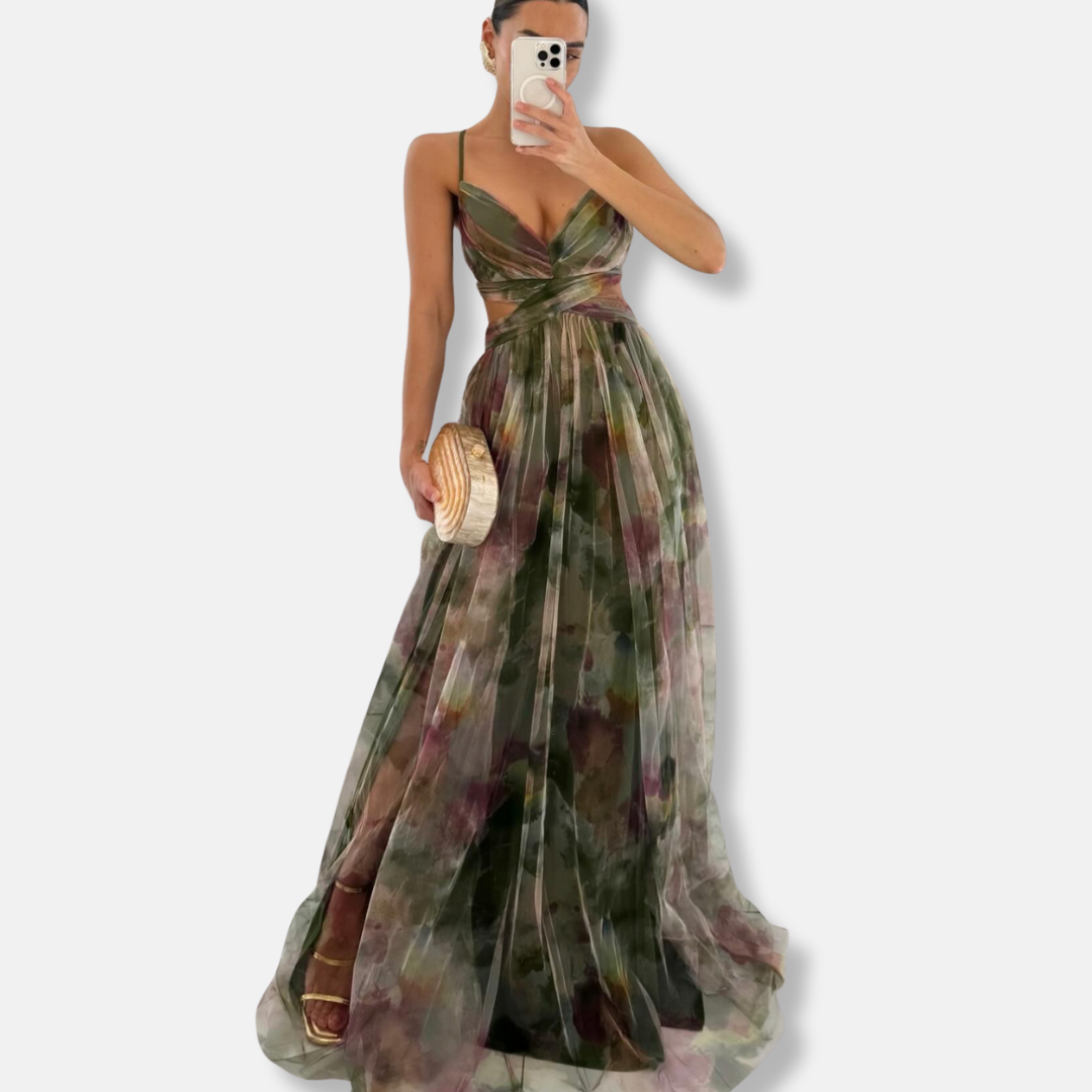 Evening dress for women - Flowing silhouette - V-neck - Bold floral motif