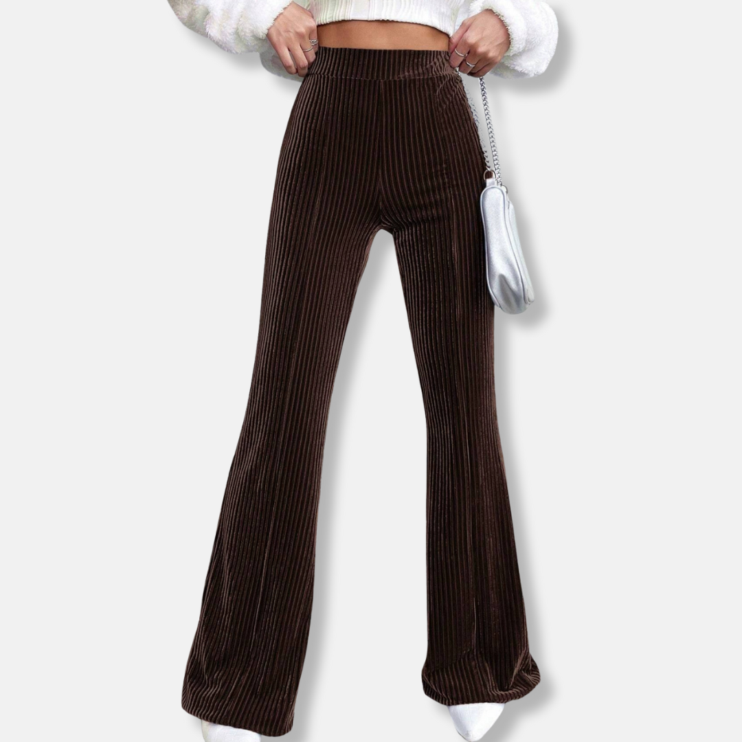 Women's Flared Pants – High Waist – Ribbed Texture – Elastic Pull-On Fit