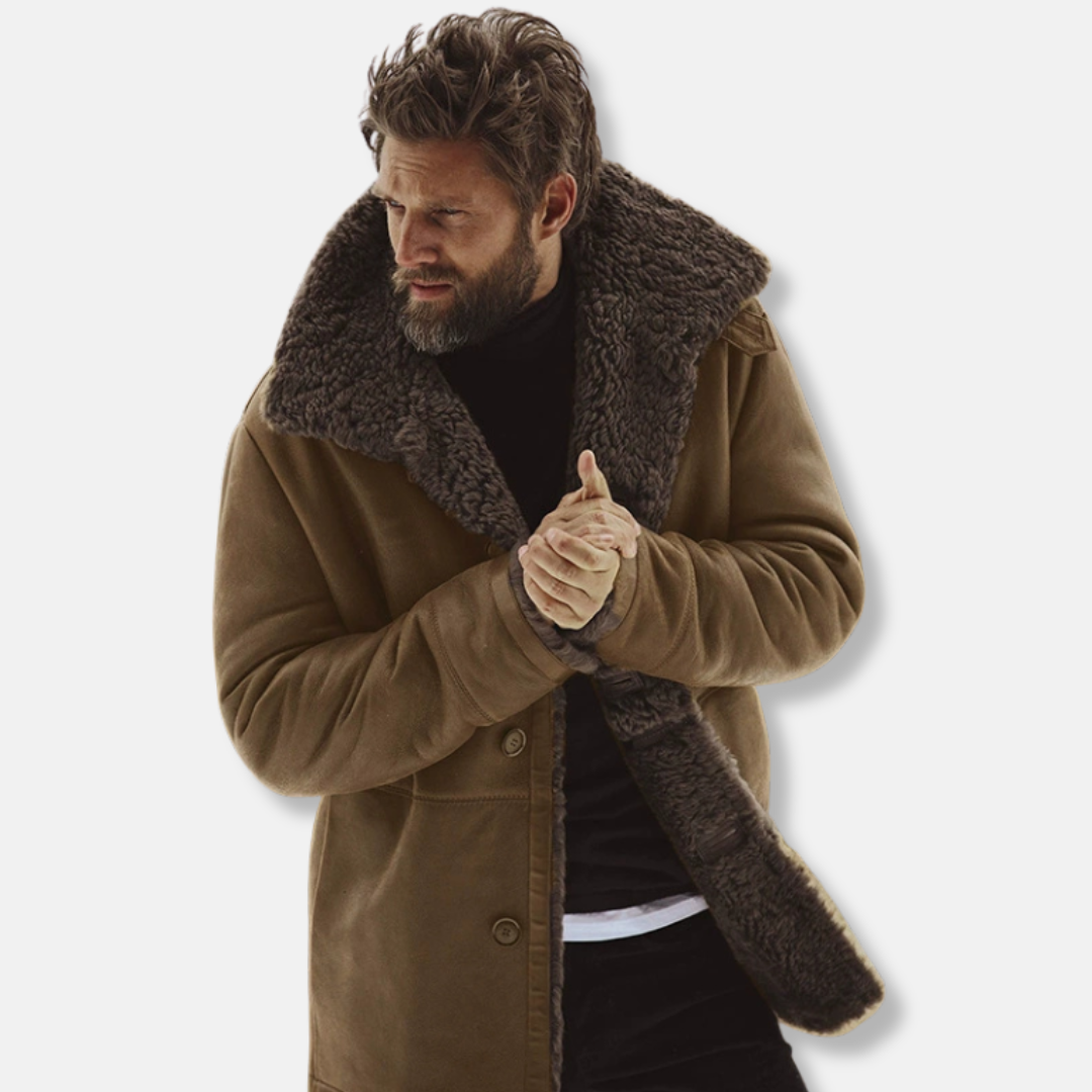 Men's Coat – Relaxed Fit – Shearling Collar and Front – Mid-Length Model