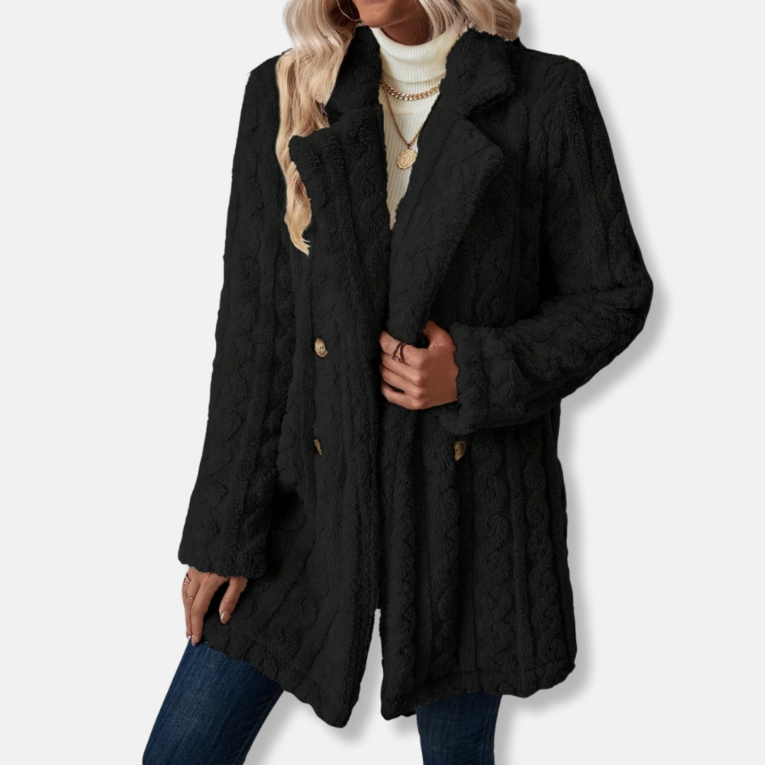 Ladies Coat – Mid-Length – Relaxed Fit – Double-Breasted – Soft Texture – Classic Lapels