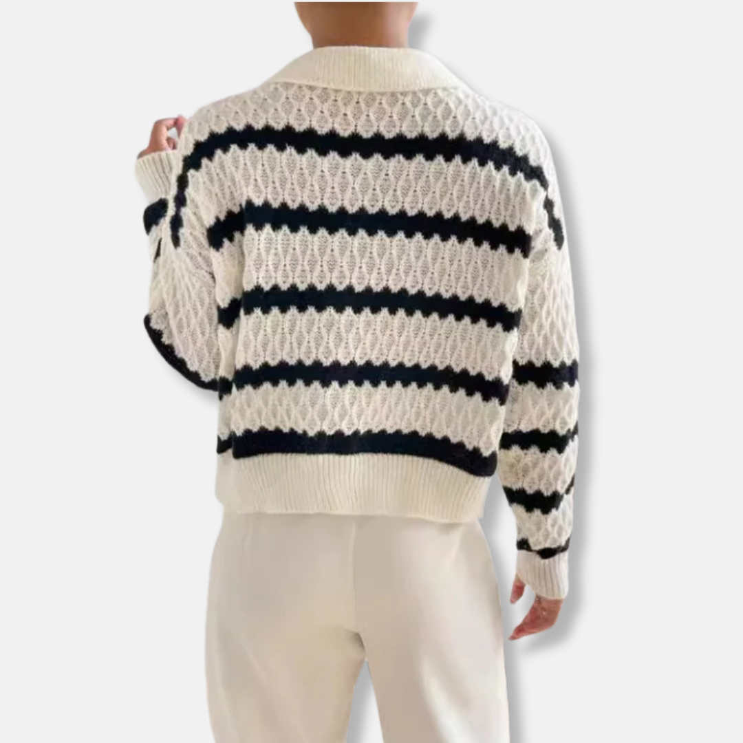 Women's Sweater – Relaxed Fit – Knitted with Stripes – Polo Collar – Ribbed Edges