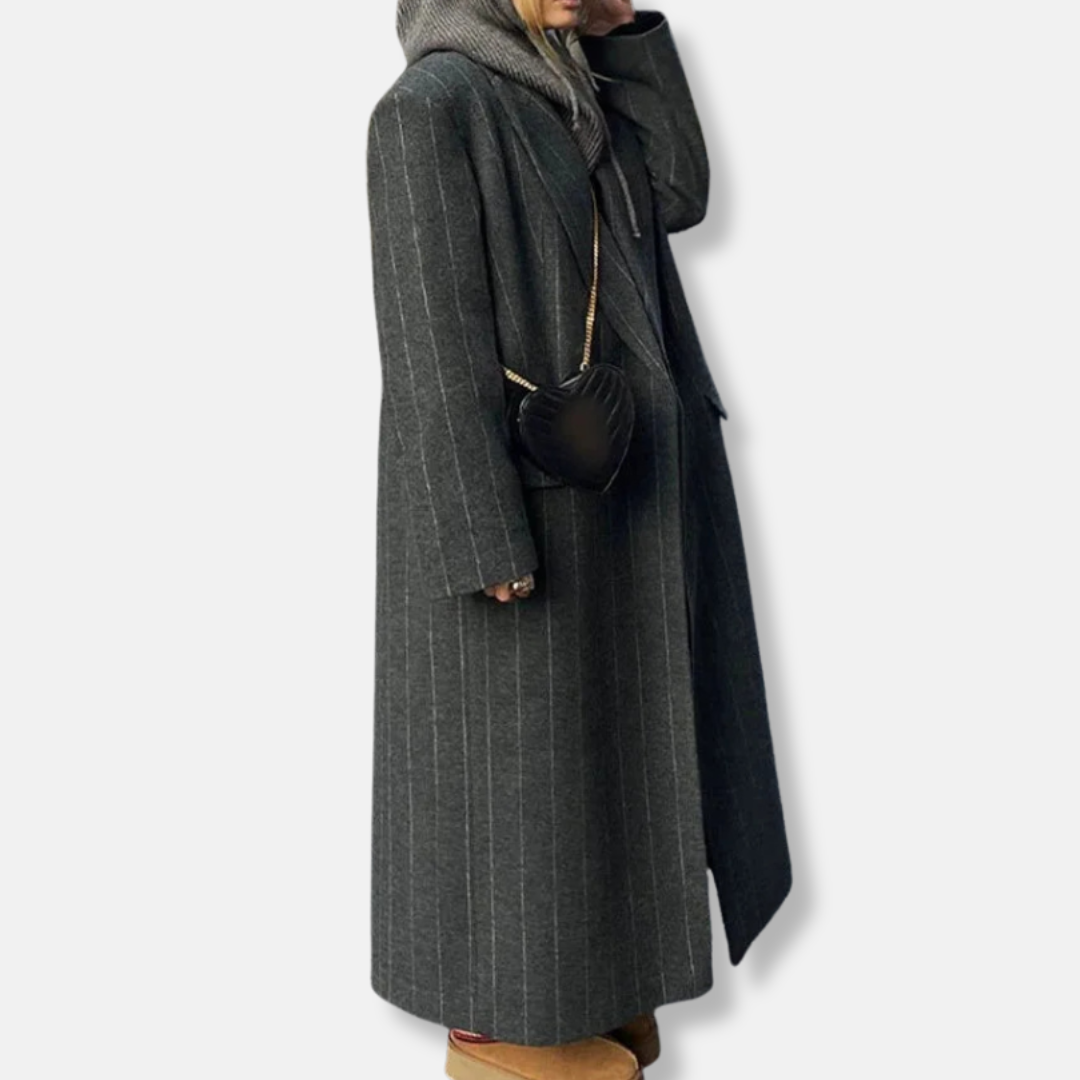 Women's Coat – Oversized Fit – Wool Mix – Pinstripe – Notched Lapel – Flap Pockets