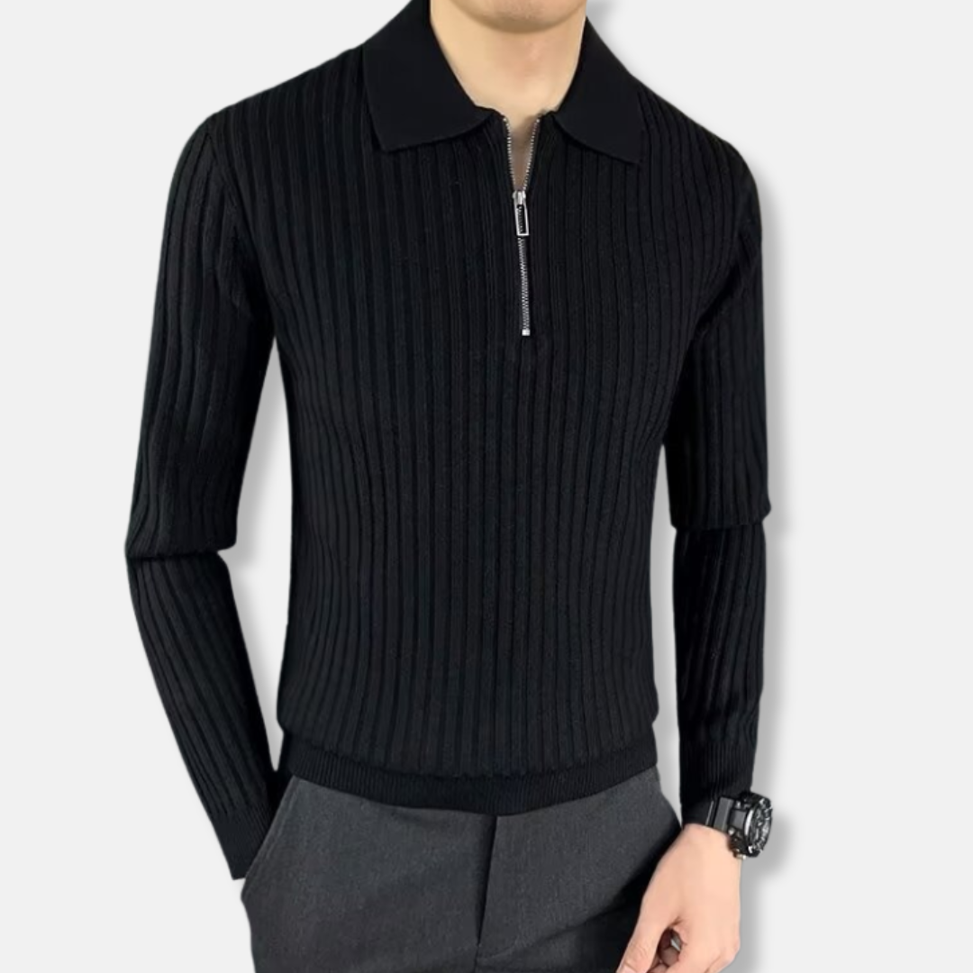 Men's Sweater – Slim Fit – Ribbed Knit – Polo Collar – Half Zip – Long Sleeve