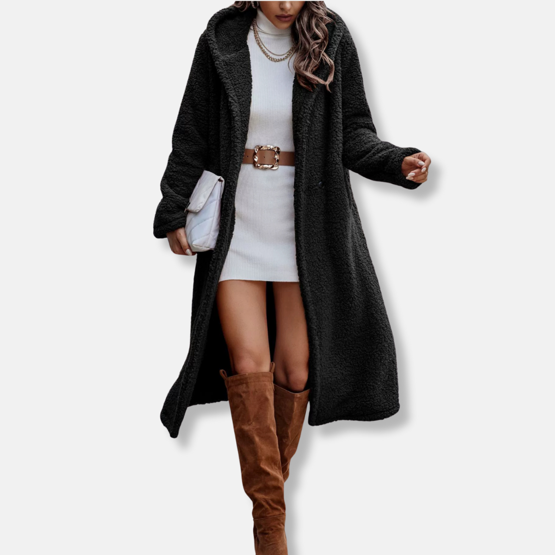 Women's Long Coat – Relaxed Fit – Soft Texture – Hood – Notched Collar – 2-Button Closure