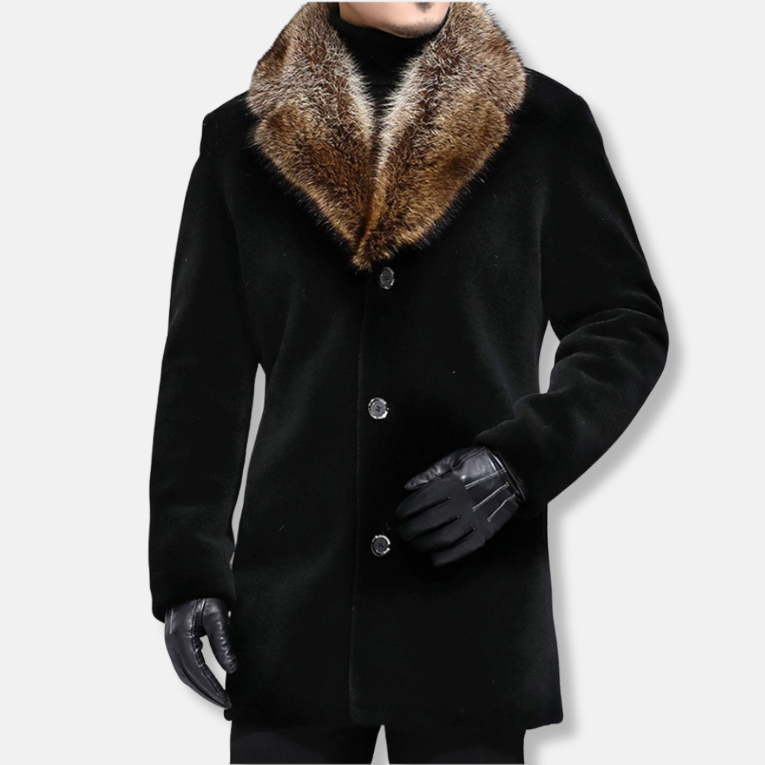 Men's Coat – Wool Material – Tailored Fit – Shaggy V-Fur Collar – Buttons