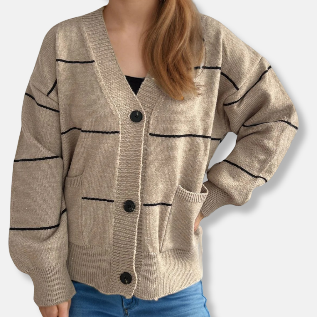 Ladies' Cardigan – Loose Fit – V-neck – Ribbed Edges – Striped Knit – Pocket Details
