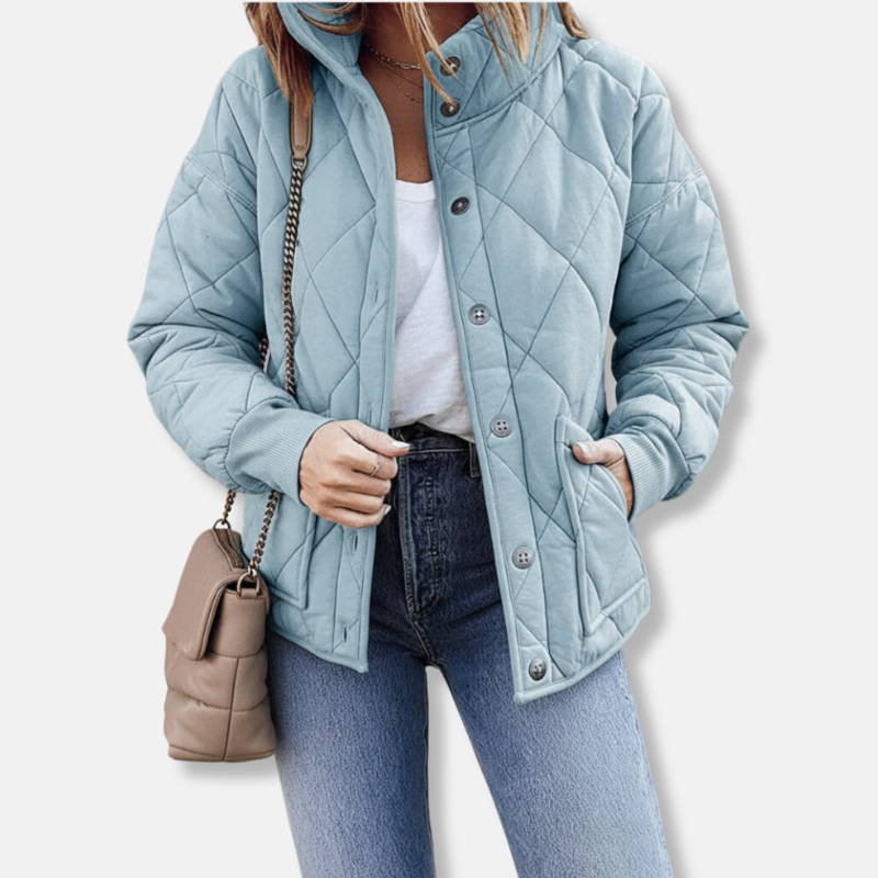 Women's Quilted Jacket – Relaxed Fit – Diamond Stitching – Stand-up Collar – Buttons