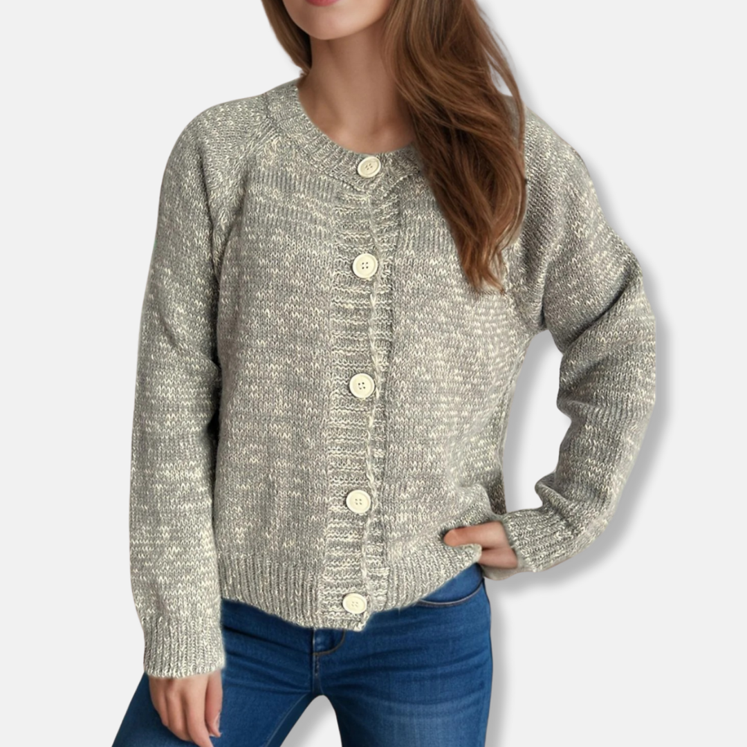 Women's Cardigan – Relaxed Fit – Marled Knit – Button Closure – Ribbed Edges – Cropped Model