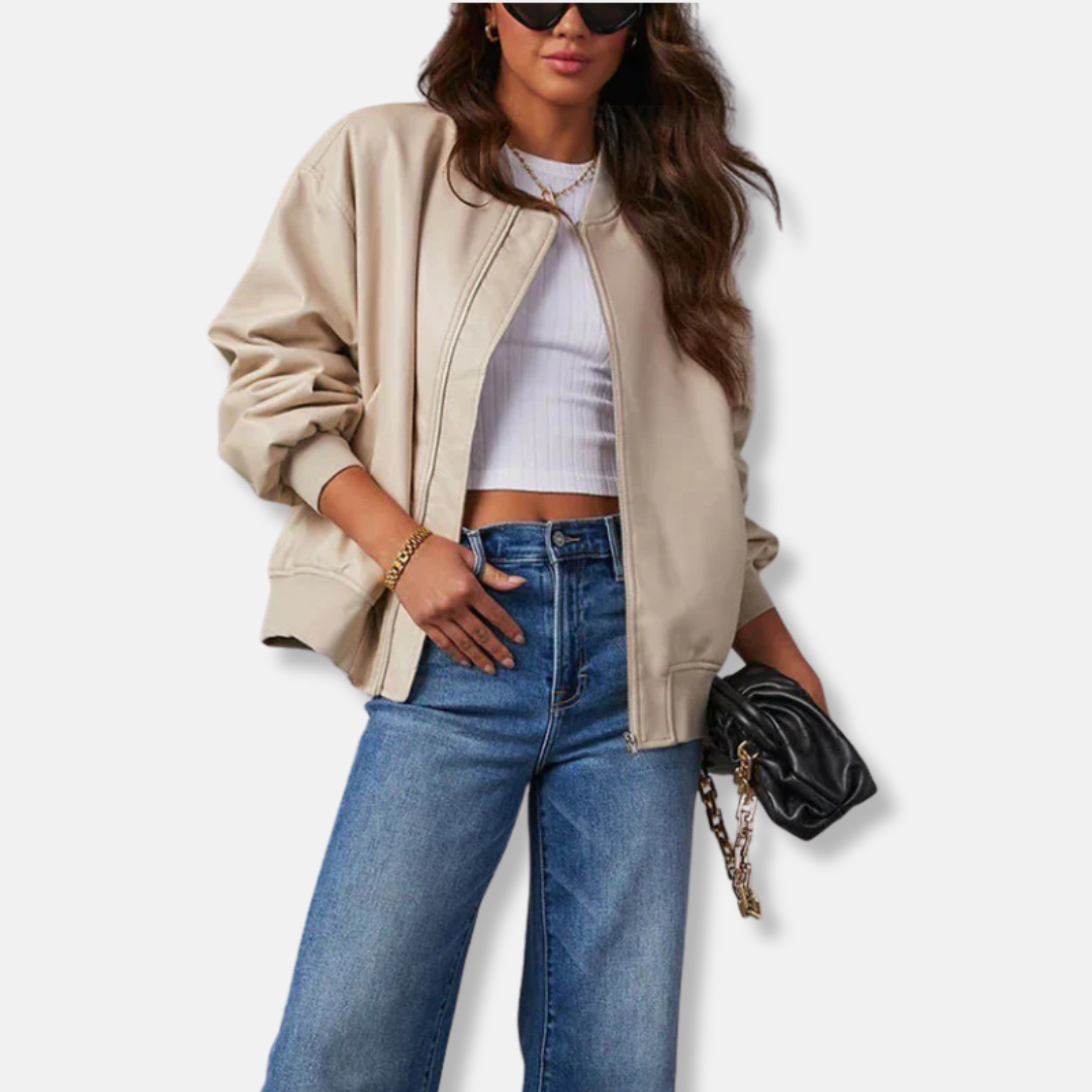 Women's leather bomber jacket – Oversized fit – Ribbed trims – Front zip fastening