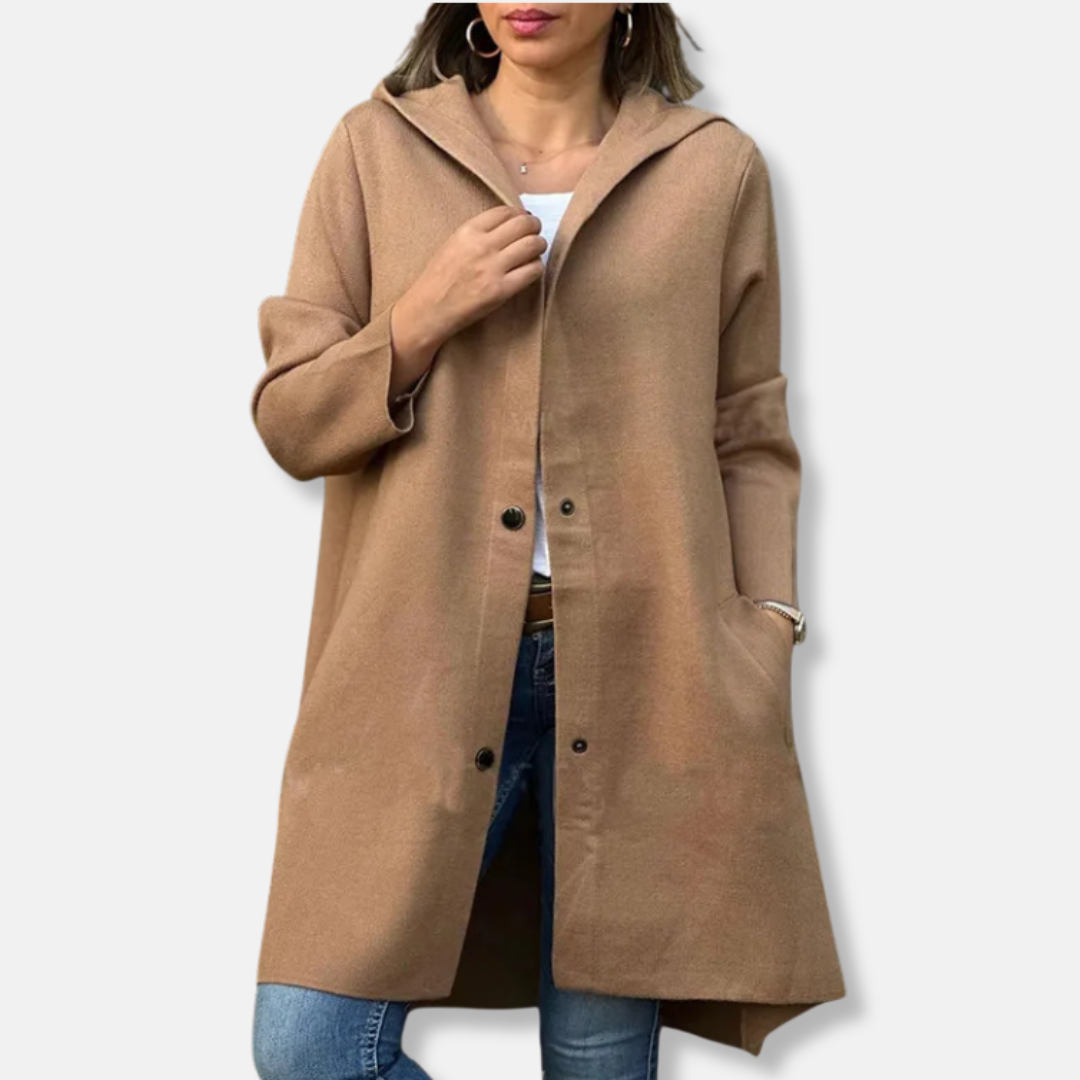 Women's Long Coat with Hood – Wool Blend – Relaxed Fit – Snap Button Closure – Mid-Length