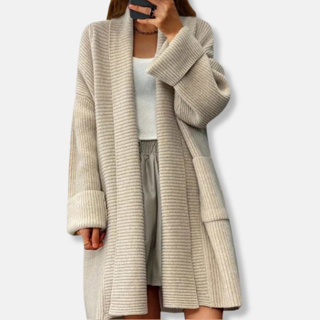 Women's Cardigan Long Model – Ribbed Texture – Oversized Fit – Open Without Closure
