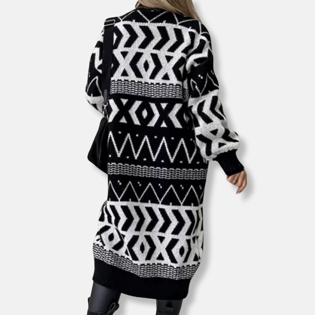 Ladies Long Cardigan – Loose-Fitting – Wool-Mix Knit – Geometric Pattern – Open Front