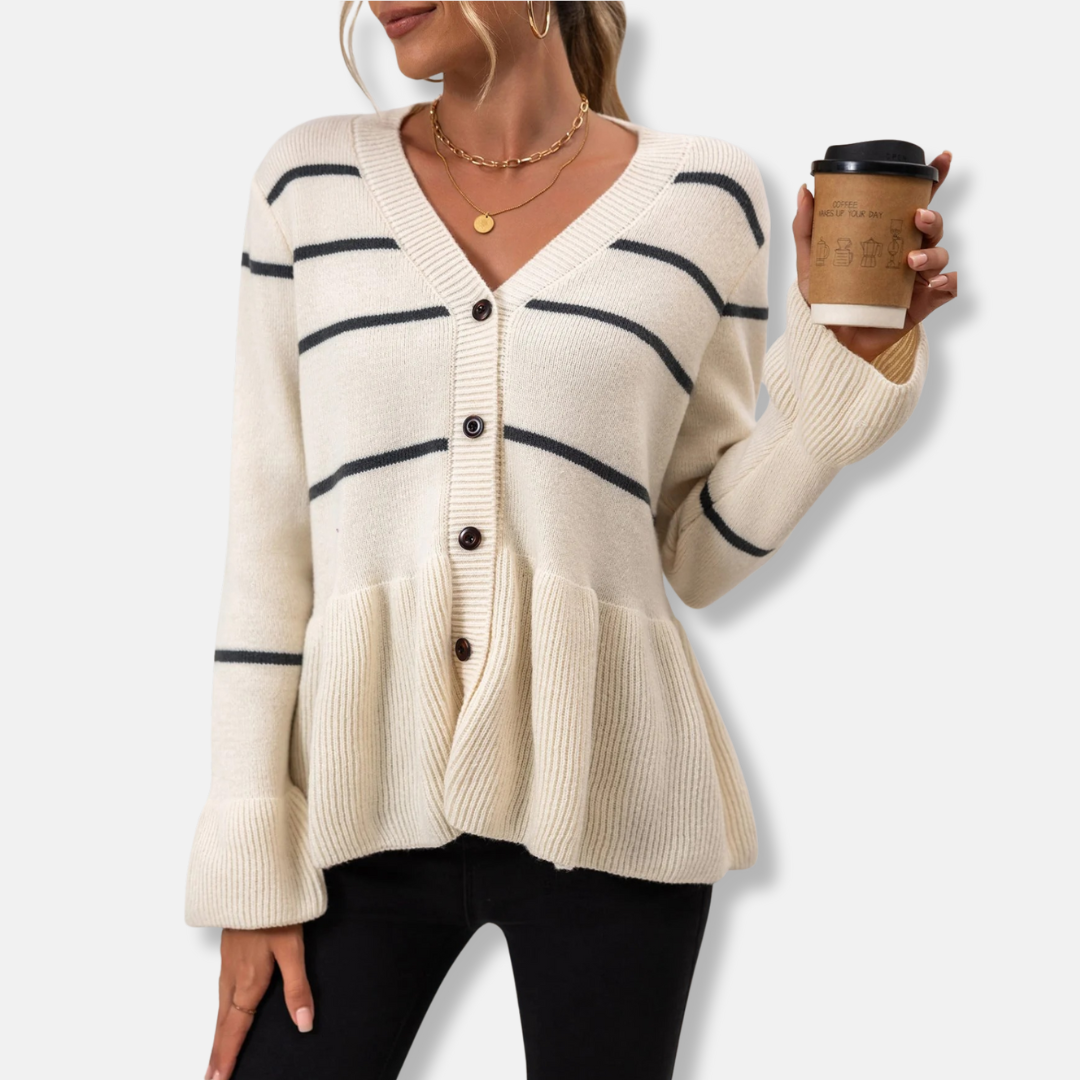 Women's Cardigan – V-neck – Loose-fitting – Knitted – Peplum Hem – Ribbed Edges – Striped