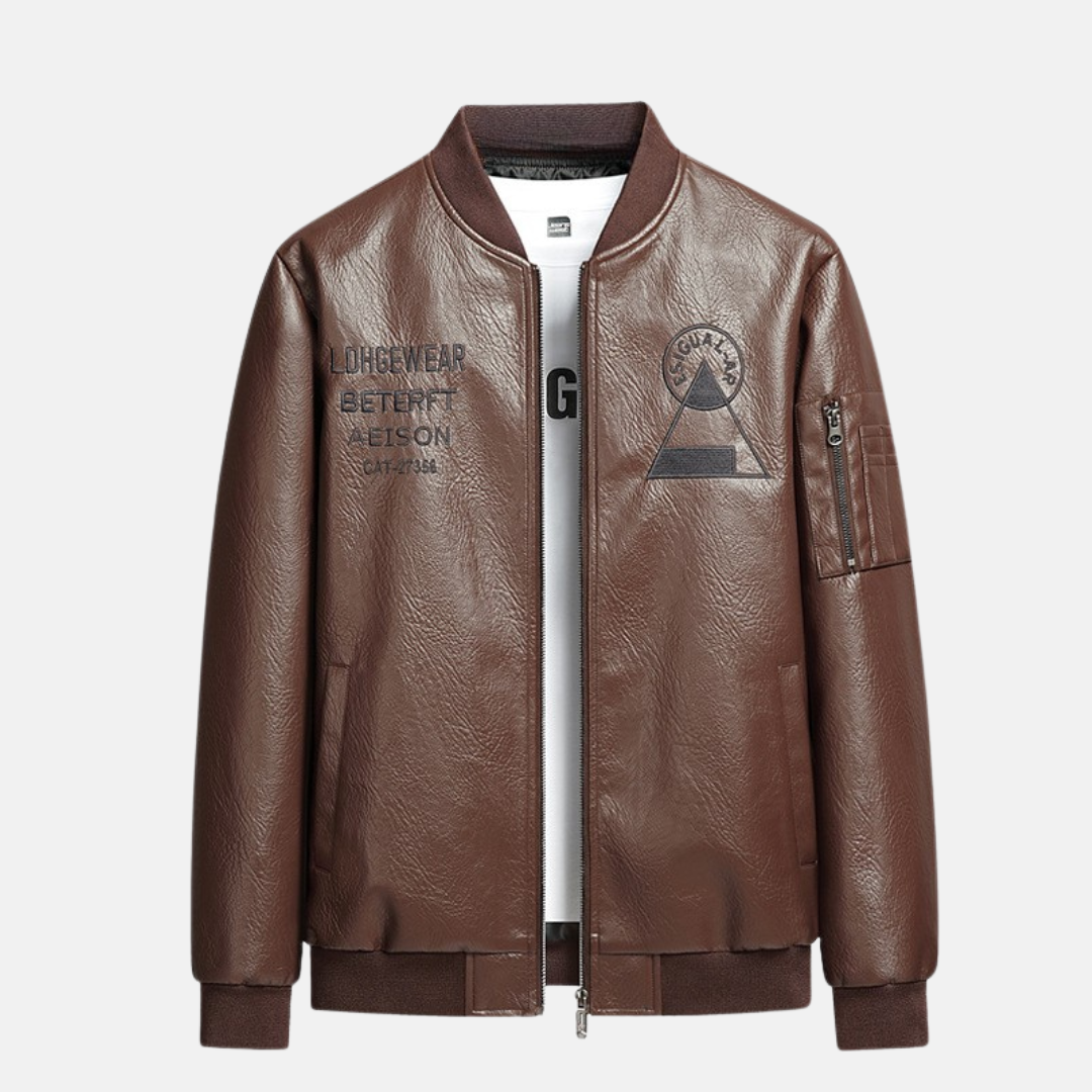 Men's Bomber Jacket – Leather Look – Embroidered Back – Ribbed Cuffs – Zip and Sleeve Pocket