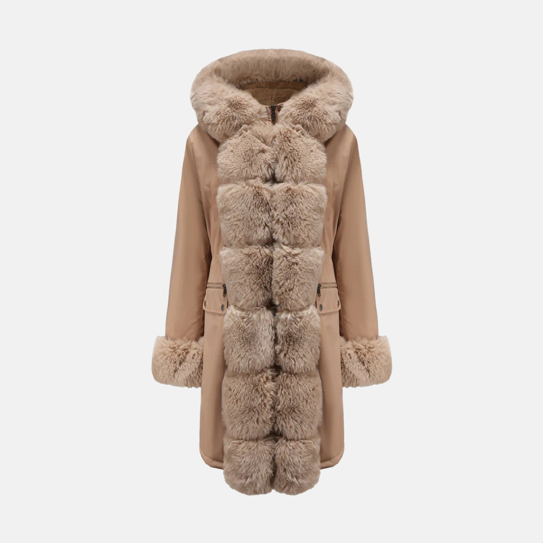 Women's Long Coat – Regular Fit – Faux Fur Collar and Cuffs – Zipper Pockets