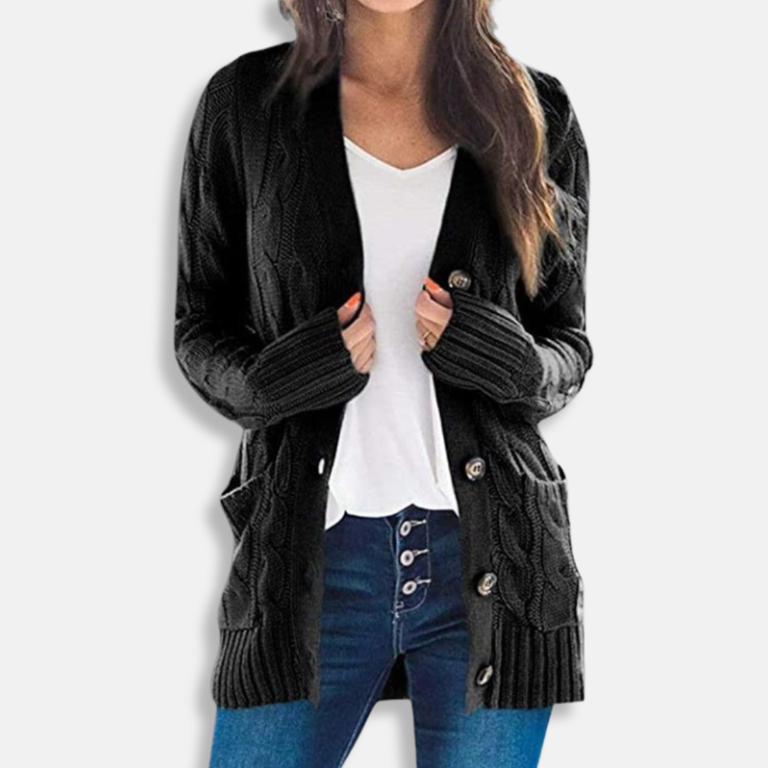 Women's cardigan – Wool knit – Relaxed fit – Mid-length – Button closure – Patch pockets