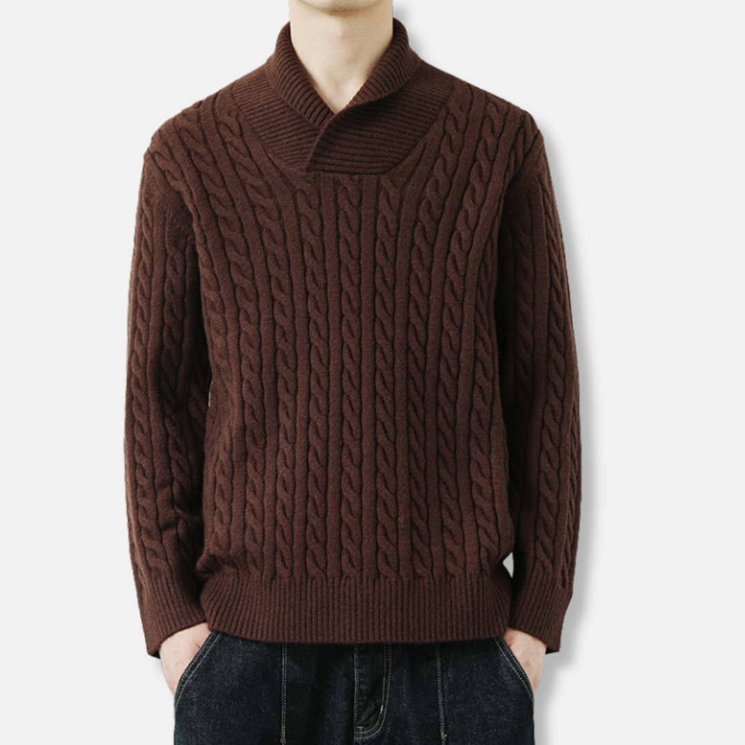 Men's Sweater - Wool Blend - Shawl Collar - Cable Pattern - Ribbed Edges