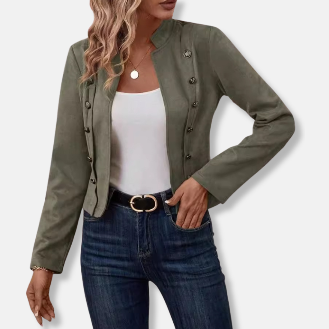 Ladies Coat - Woven Fabric - Slim Fit - Short Length - Mandarin Collar - Decorative Buttons