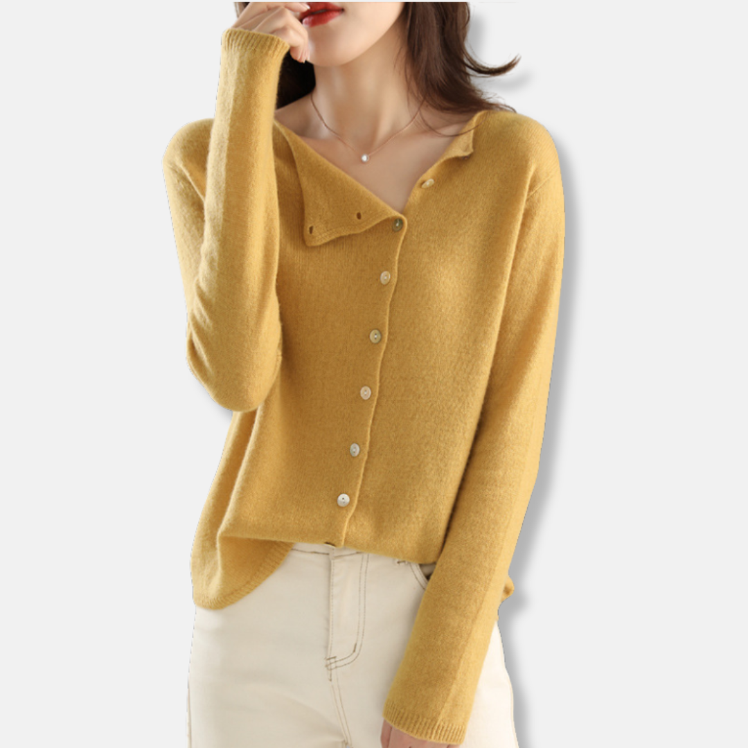 Ladies Knitted Cardigan – Relaxed Fit – Asymmetrical Closure – Long Sleeves Ribbed Cuffs
