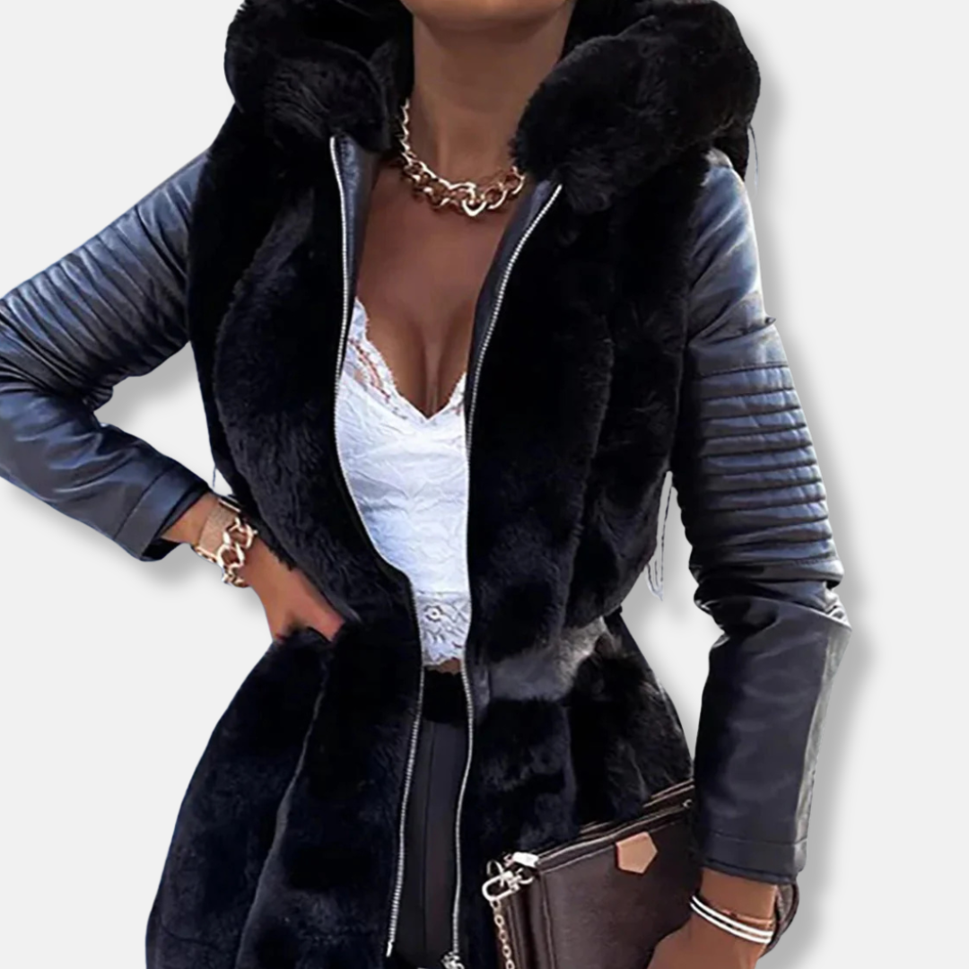 Women's Mid-Length Coat – Faux Fur Front – Tailored – Belt – Long Sleeve