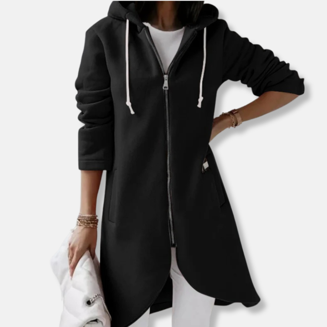 Women's Long Hoodie – Fleece Material – Relaxed Fit – Asymmetrical Hem – Zip Front Closure