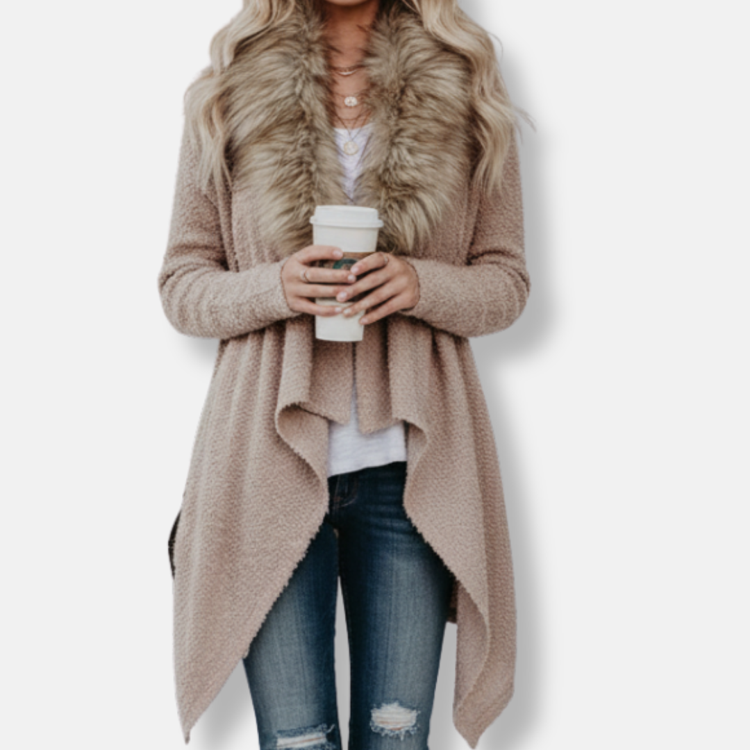 Ladies cardigan coat – Loose fit – Knitted – Faux fur collar – Open front with draping