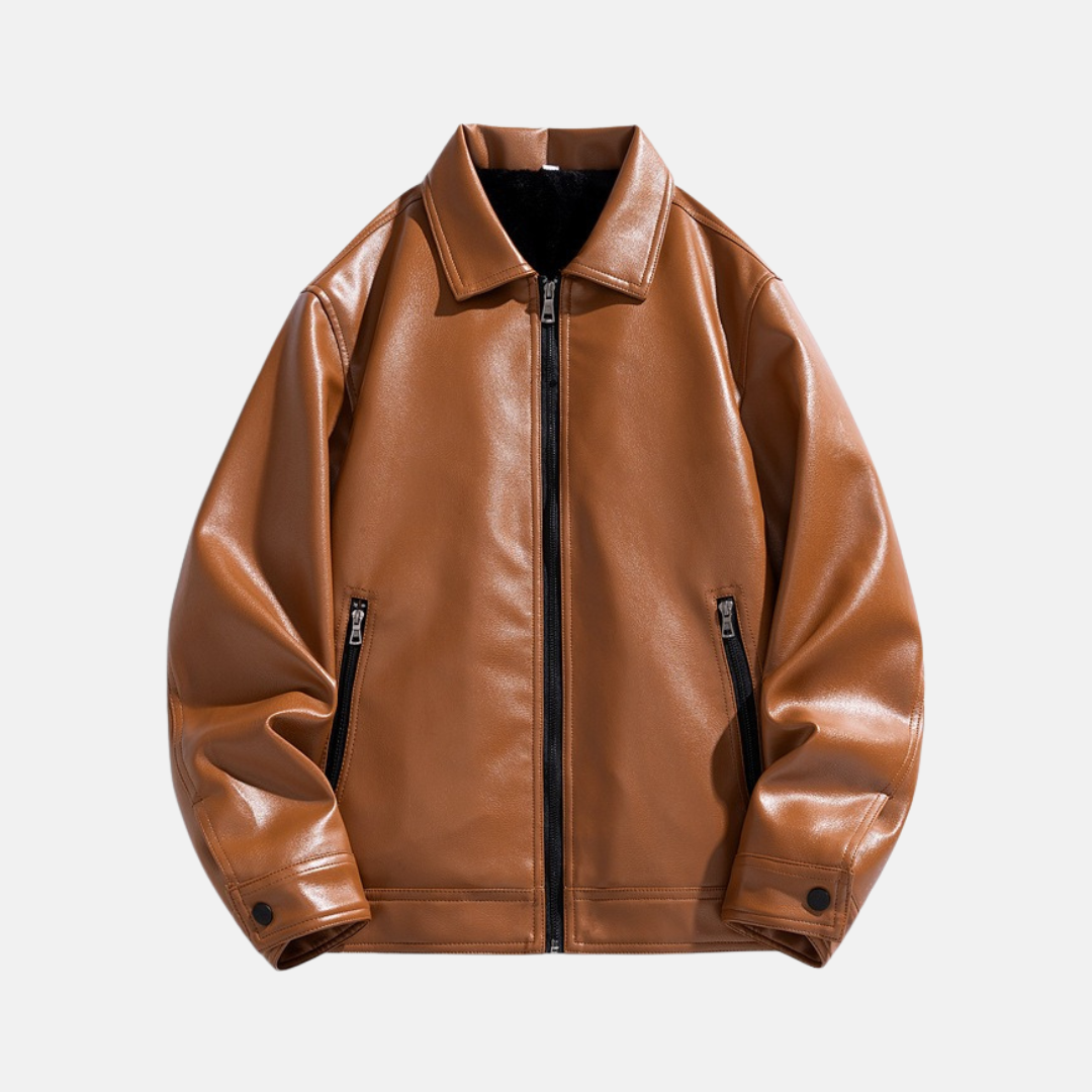 Men's Jacket - Faux Leather - Relaxed Fit - Hip Length - Spread Collar