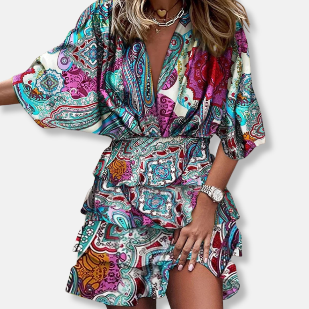 Printed Midi Dress with Ruffled Skirt for Women