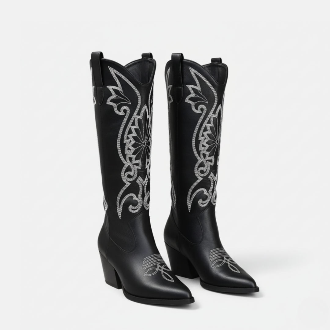 Ladies Knee-High Boots - Faux Leather - Embroidered Western Motif - Pointed Toe