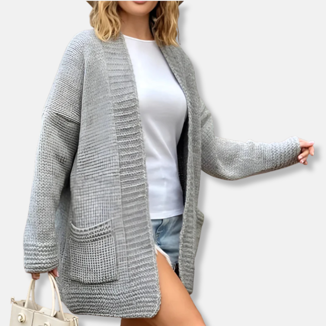 Ladies Cardigan Long Model – Knitted Fabric – Oversized Fit – Open Front with Pockets