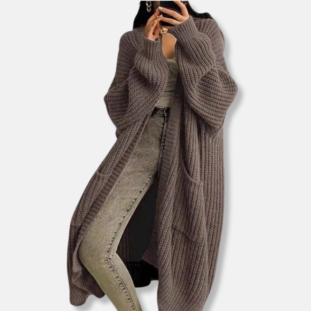 Women's long cardigan – Oversized fit – Chunky ribbed knit – Open front with pockets
