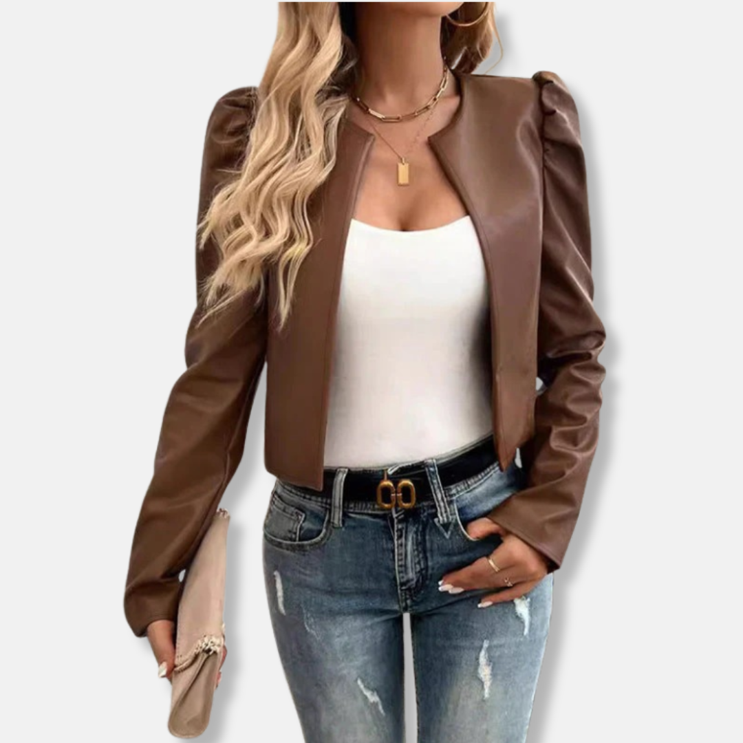 Ladies Blazer - Woven Fabric - Cropped - Collarless Neck - Puff Sleeves