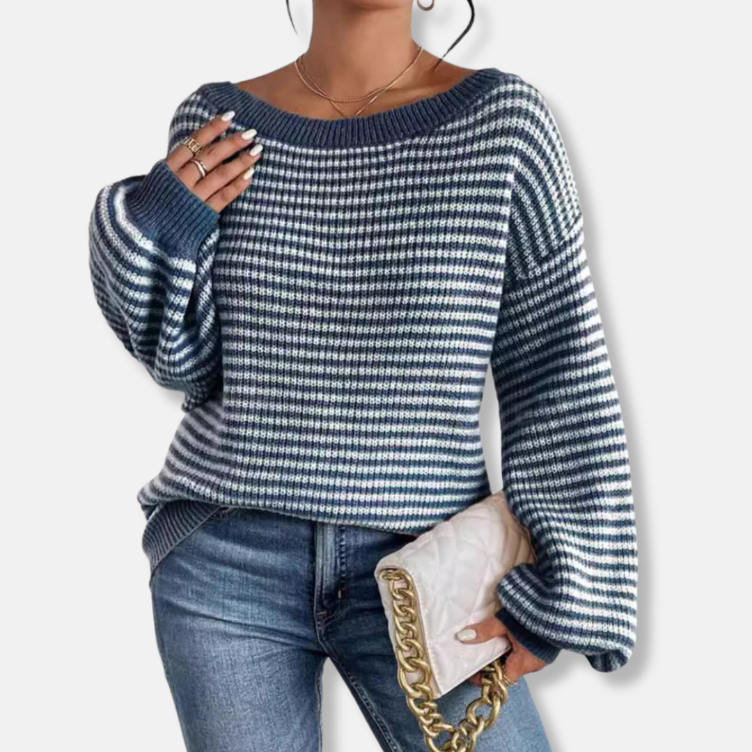 Women's Knitted Sweater – Loose Fit – Boat Neck – Lantern Sleeves – Striped Texture Design
