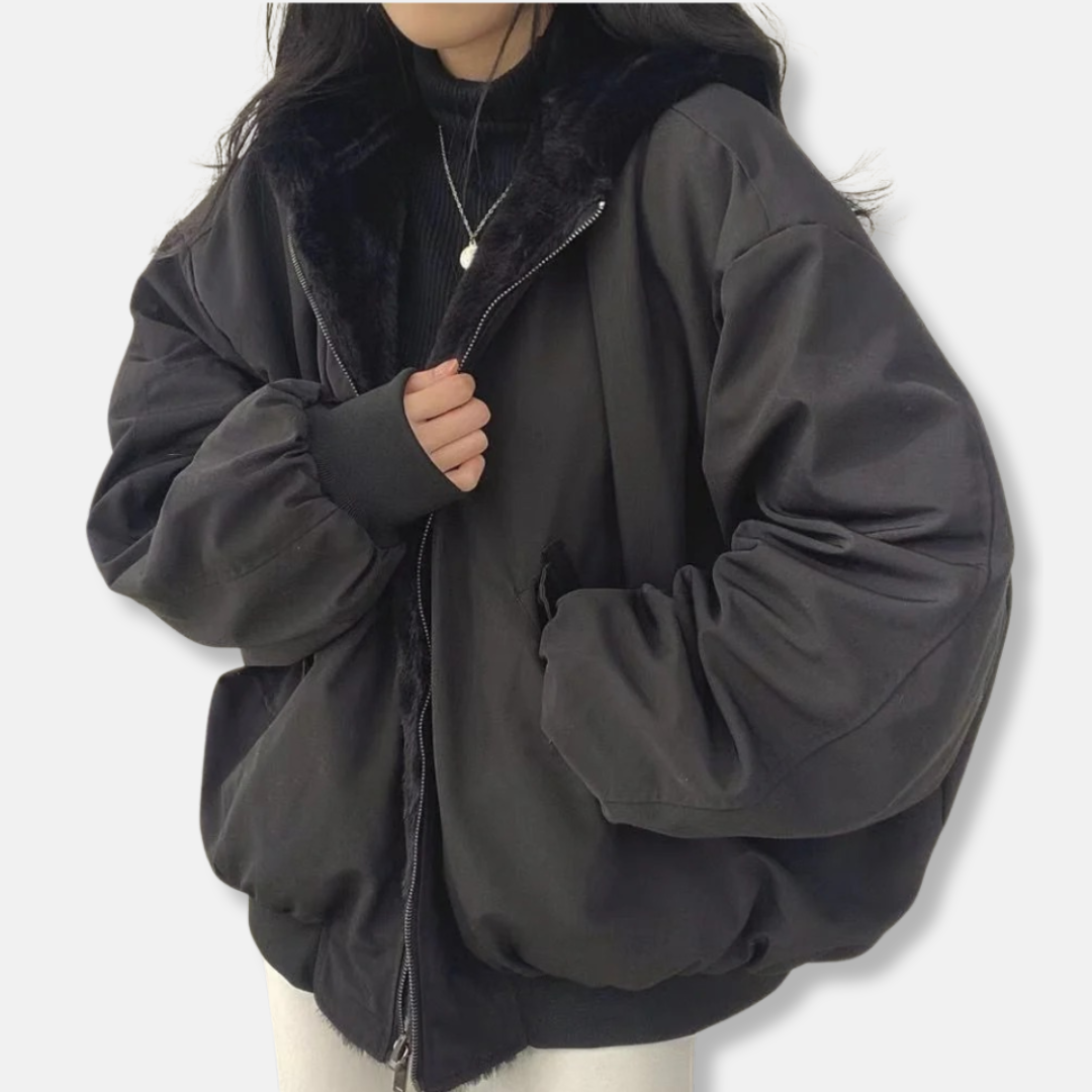 Women's Jacket – Oversized Boxy Fit – Reversible – Hood – Soft Lining – Puff Sleeves