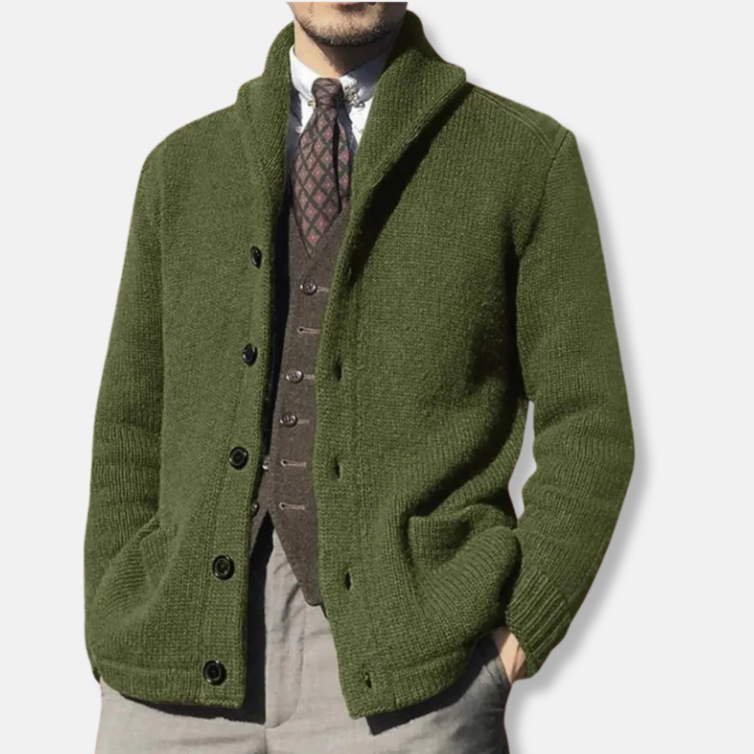 Men's Cardigan – Regular Fit – Knitted – Shawl Collar – Buttons – Ribbed Cuffs – Side Pockets