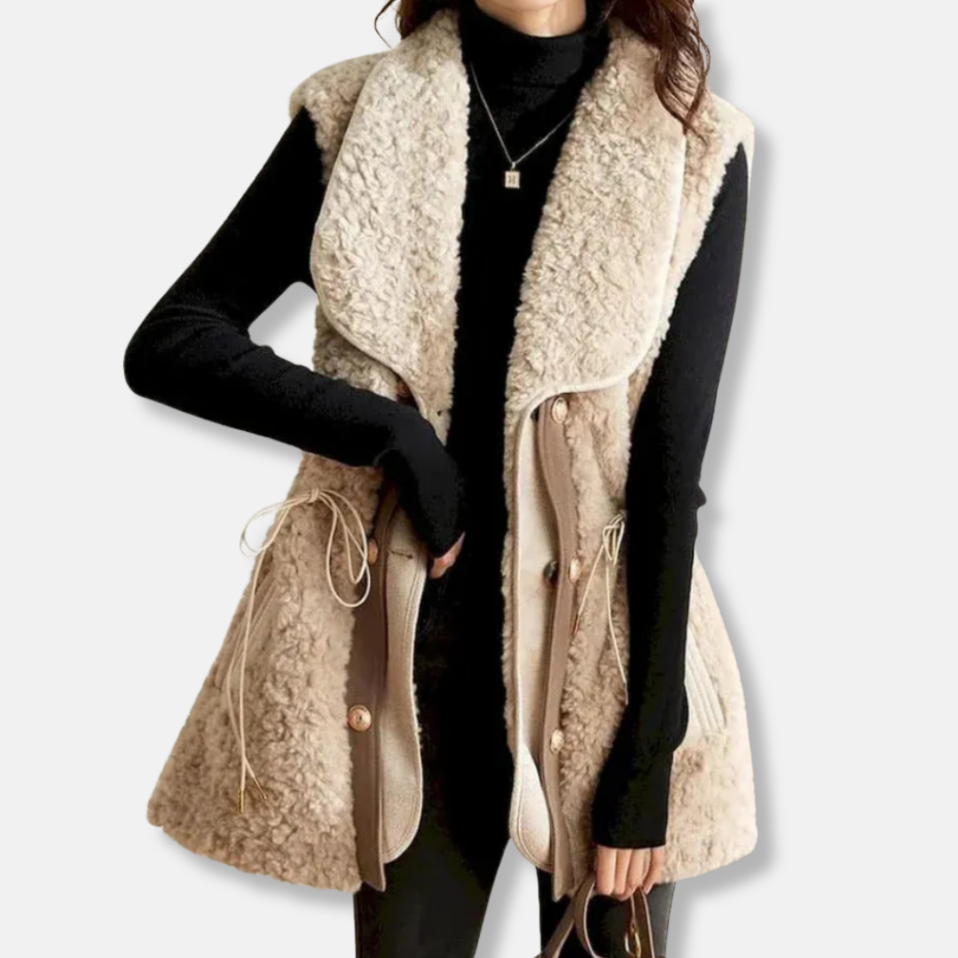 Ladies Gilet – Wool Look – Relaxed Fit – Shawl Collar – Hip Length – Drawstring Detail