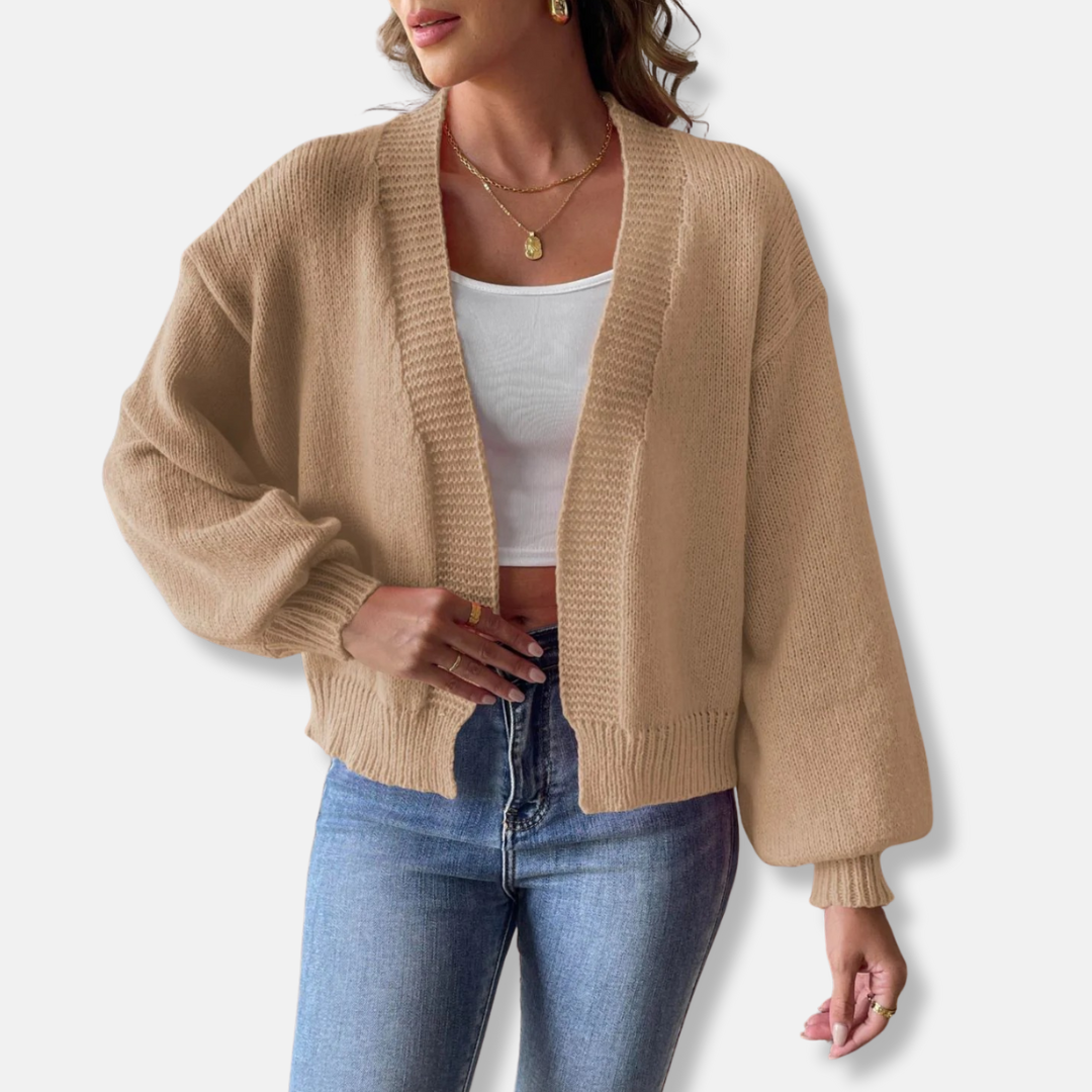 Women's cardigan – Relaxed fit – Knitted – Open front – Lantern sleeves – Ribbed – Cropped