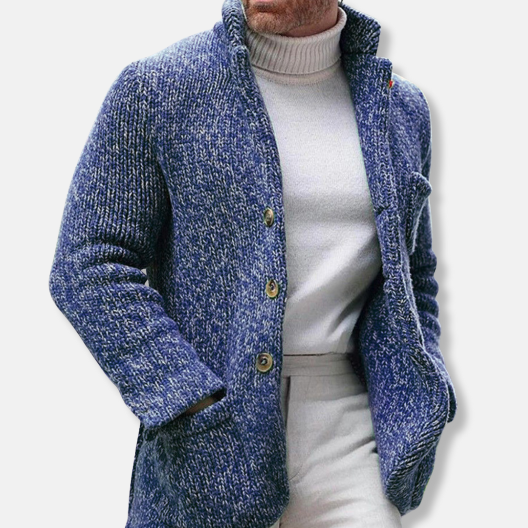 Men's Cardigan – Knitted Wool – Regular Fit – Stand-Up Collar – Patch Pockets