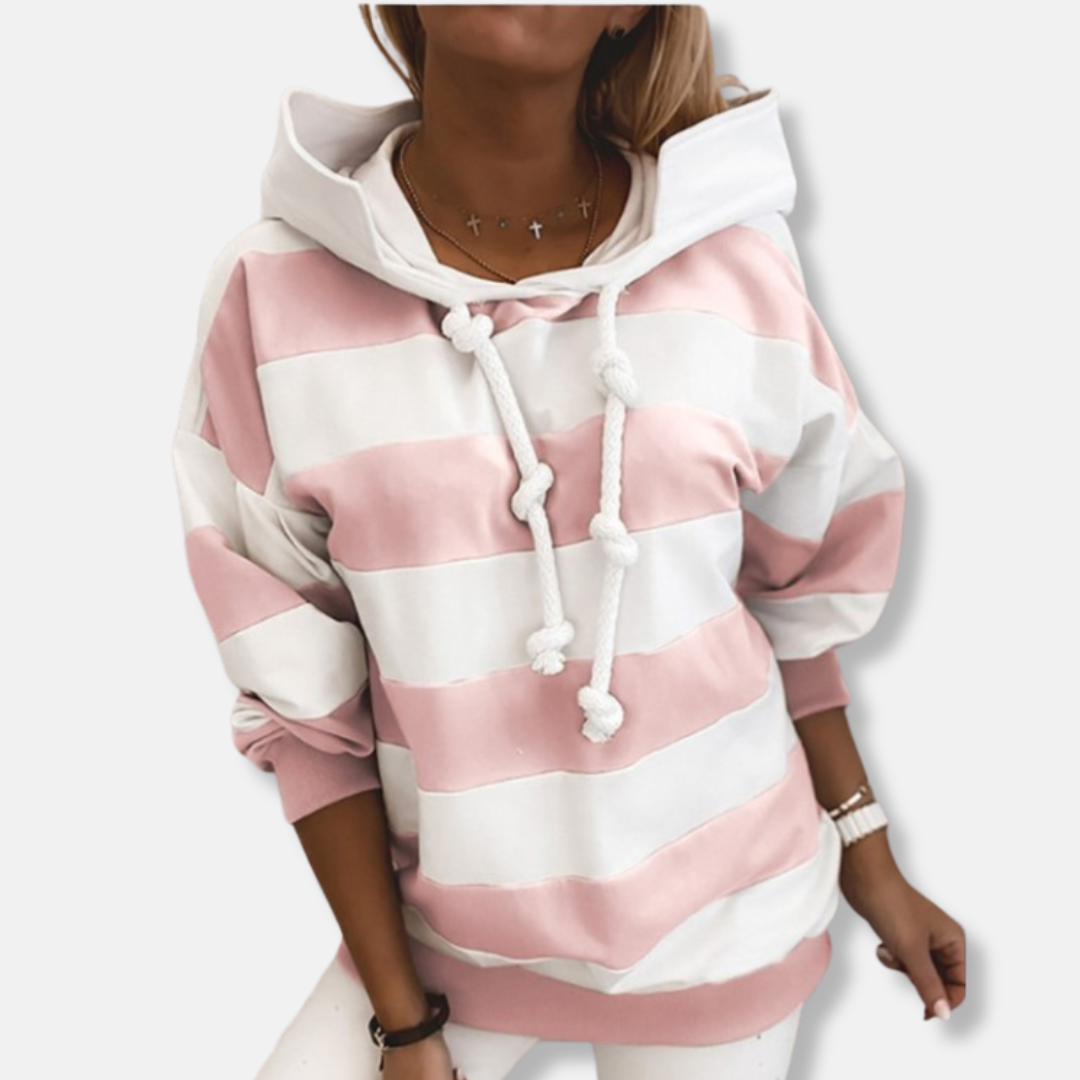 Women's Hoodie – Oversized Fit – Cotton Blend – Striped – Ribbed Trims – Knotted Drawcord
