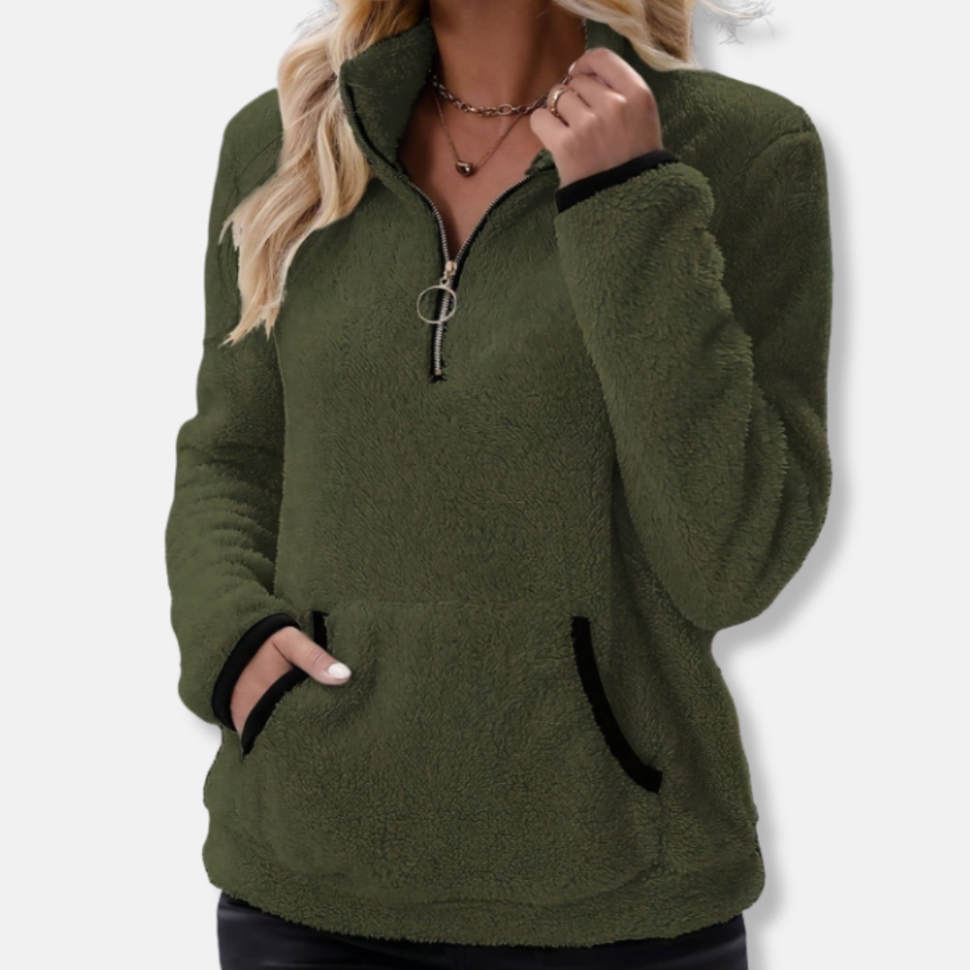 Women's Sweatshirt – Fleece Fabric – Relaxed Fit – Half Zip – With Kangaroo Pocket