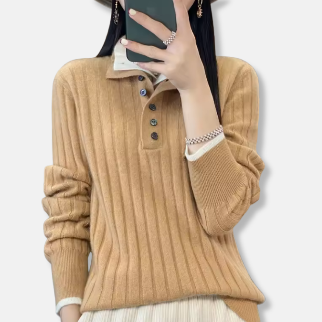 Women's sweater – Ribbed – Relaxed fit – Collar with buttons – Casual long model
