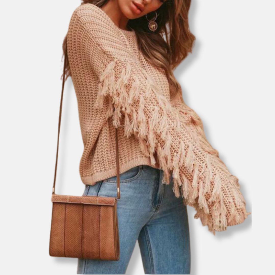 Ladies Sweatshirt – Chunky Knit – Relaxed Fit – Ribbed Texture – Fringed Sleeves